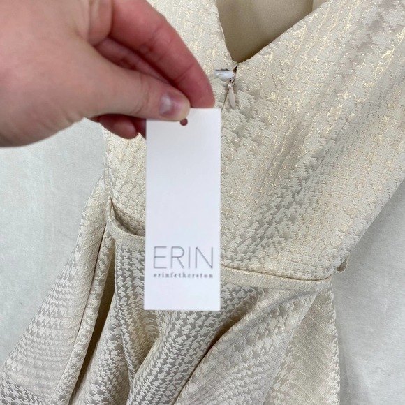 NWT Erin Erin Fetherston Women's Elsie Herringbone Jacquard Belted Ivory Dress-2 - Picture 7 of 9